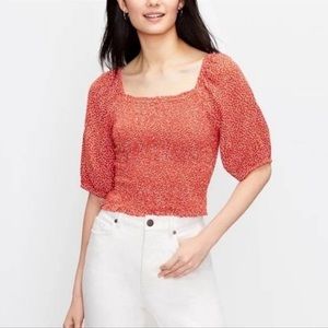 LOFT orange-red polka dot smocked square neck puff sleeve top